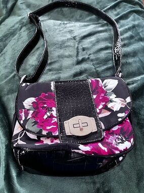 Black Floral Crossbody Bag with Magenta Accents